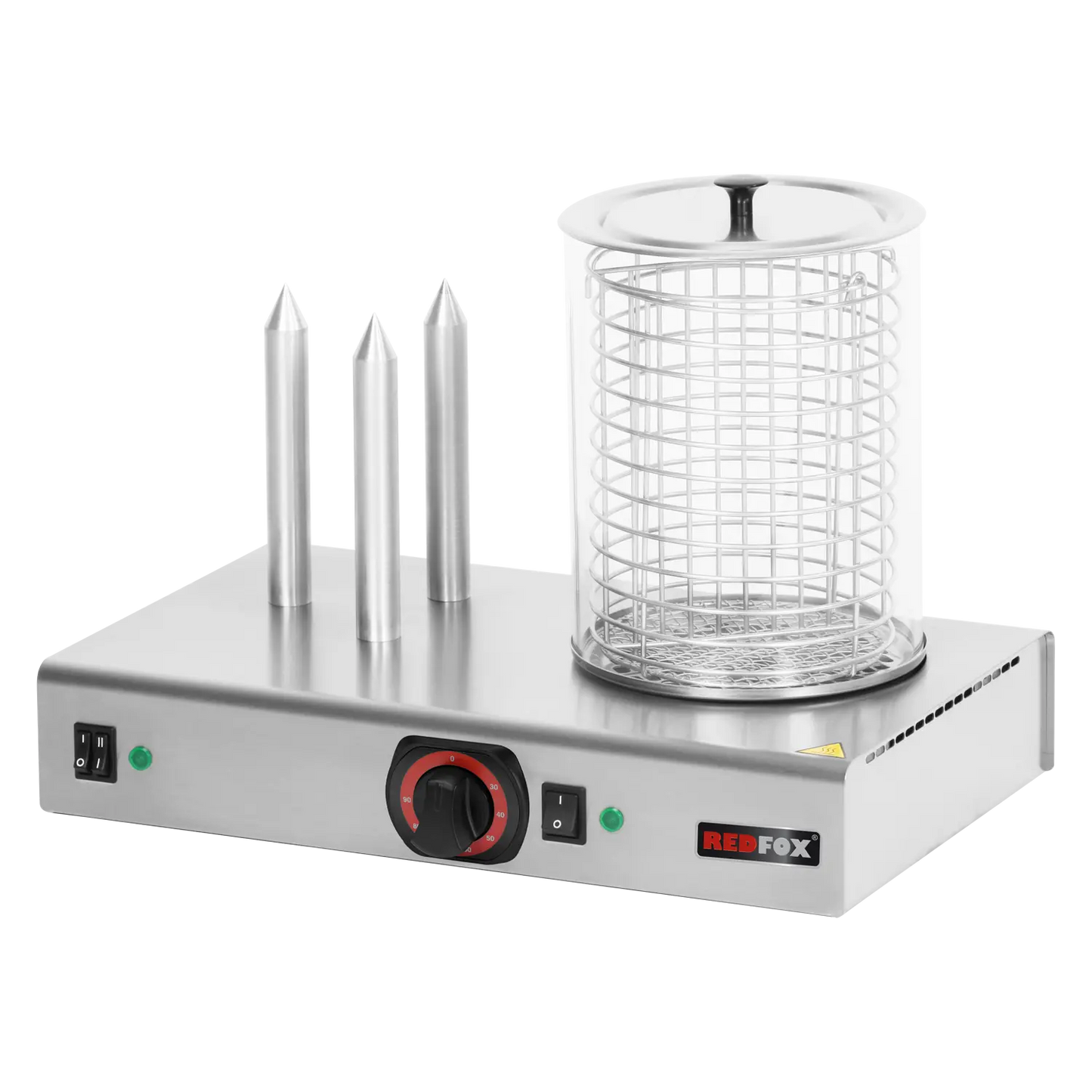 Hot dog machine warmer 3 spike with basket and glass cylinder | REDFOX - HD 03 NK
