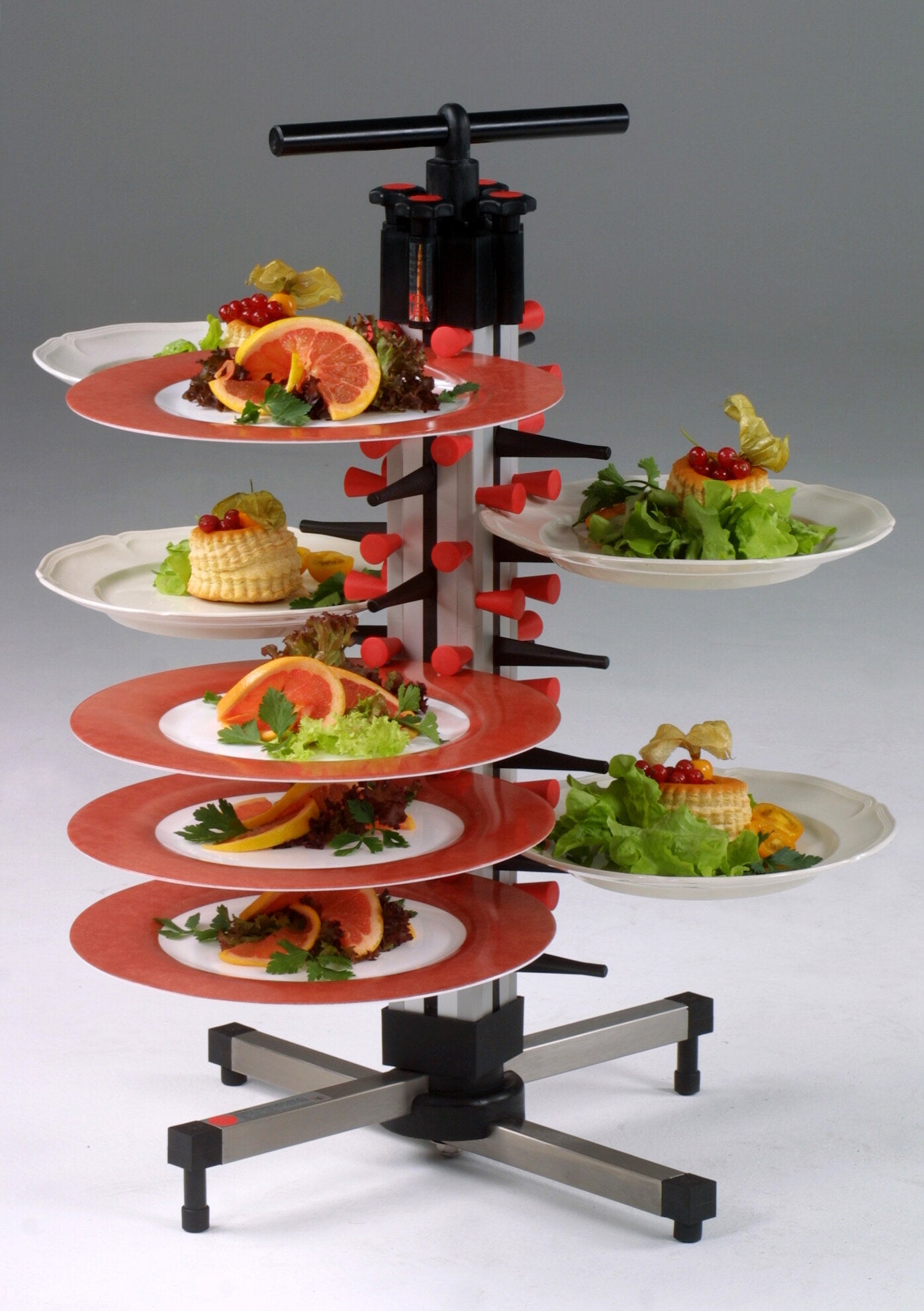 Saro TM-24 plate stacker, tabletop rack holding plated dishes