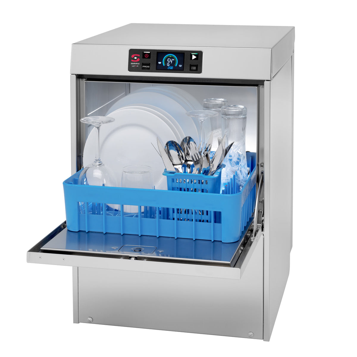 Saro UX-40SBDD glasswasher, open with loaded glass and plate basket