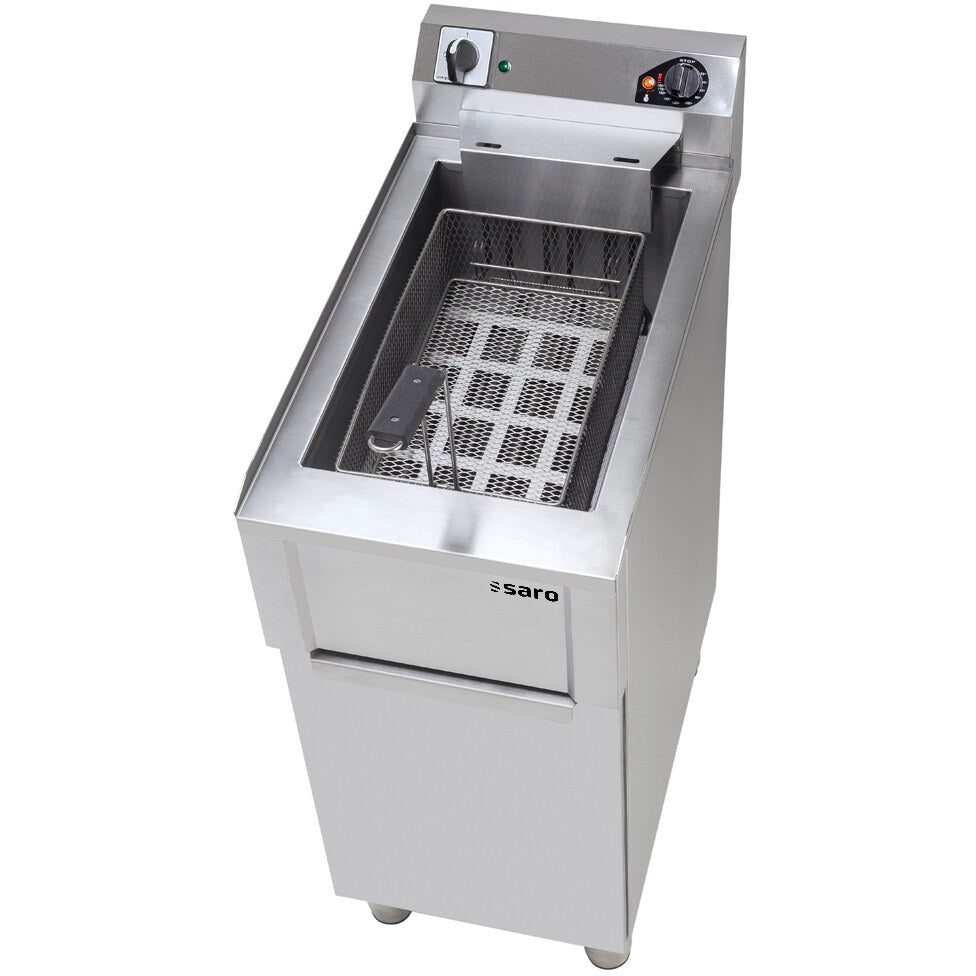 Saro FARO floor fryer, top view with basket in tank