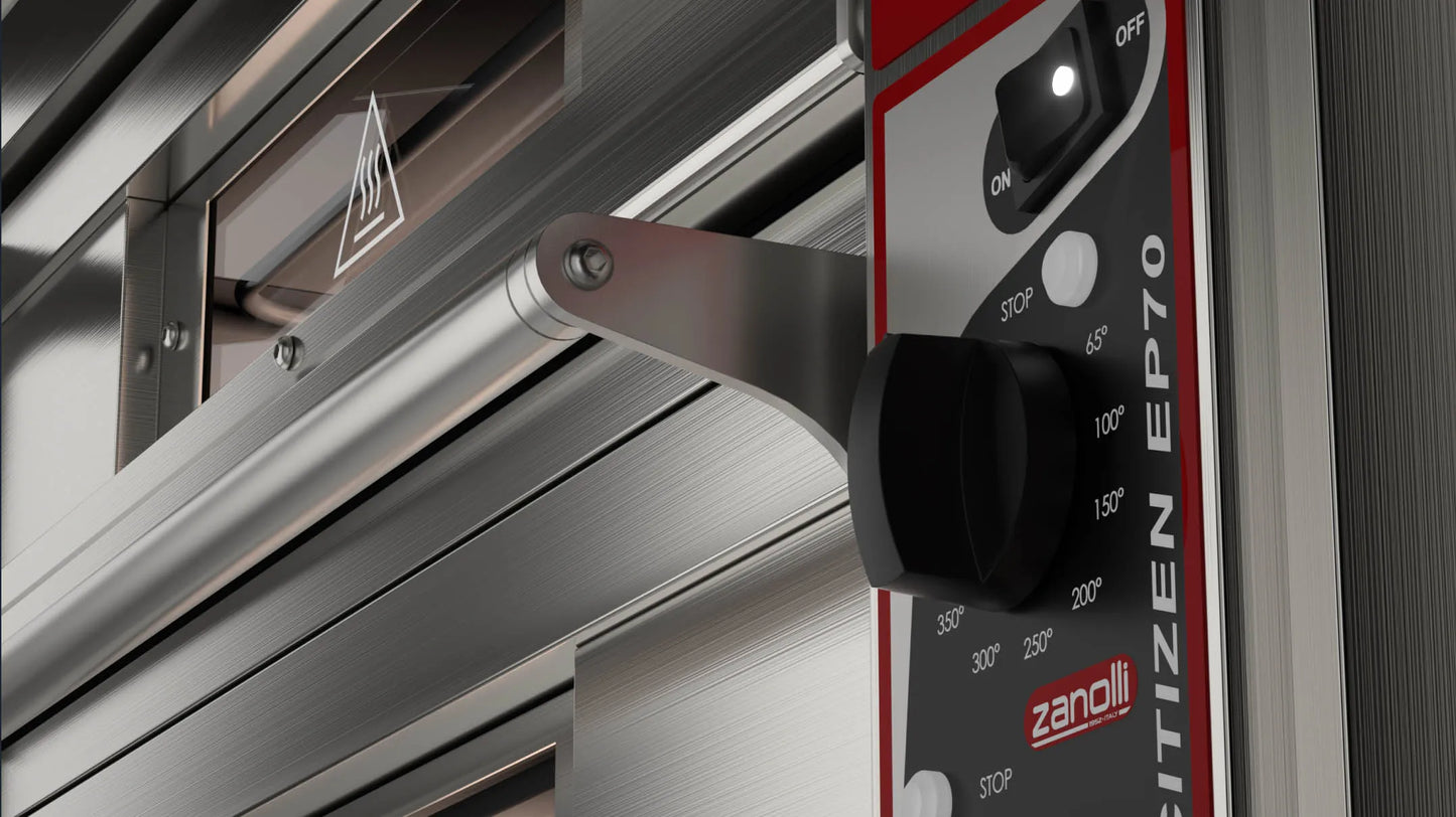 Zanolli Citizen EP70 control panel detail, electromechanical temperature dial and ON/OFF switch