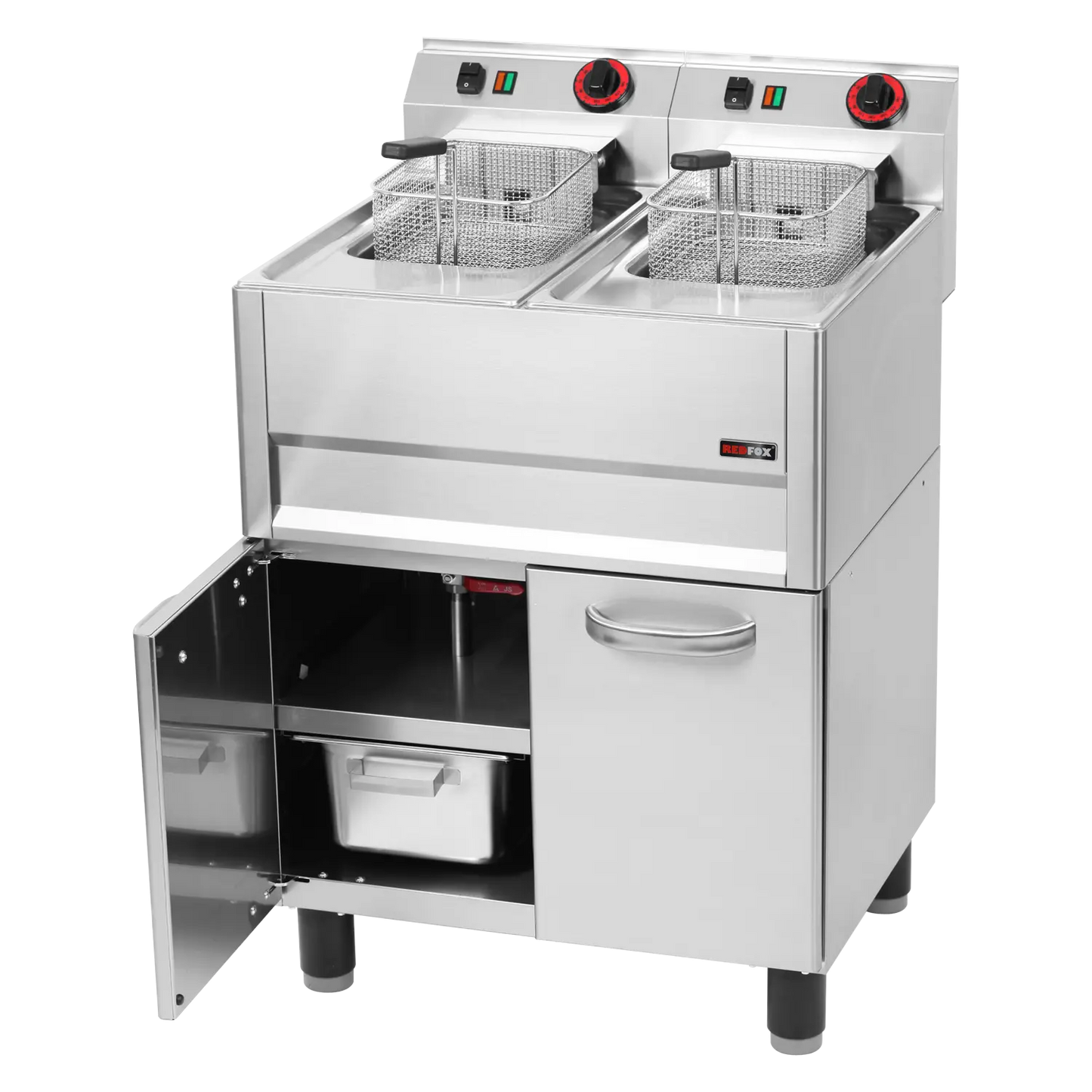Electric fryer 2 baskets 0,75 kW/l, 8+8 l on cabinet 400 V | REDFOX - FE 61 ELT
