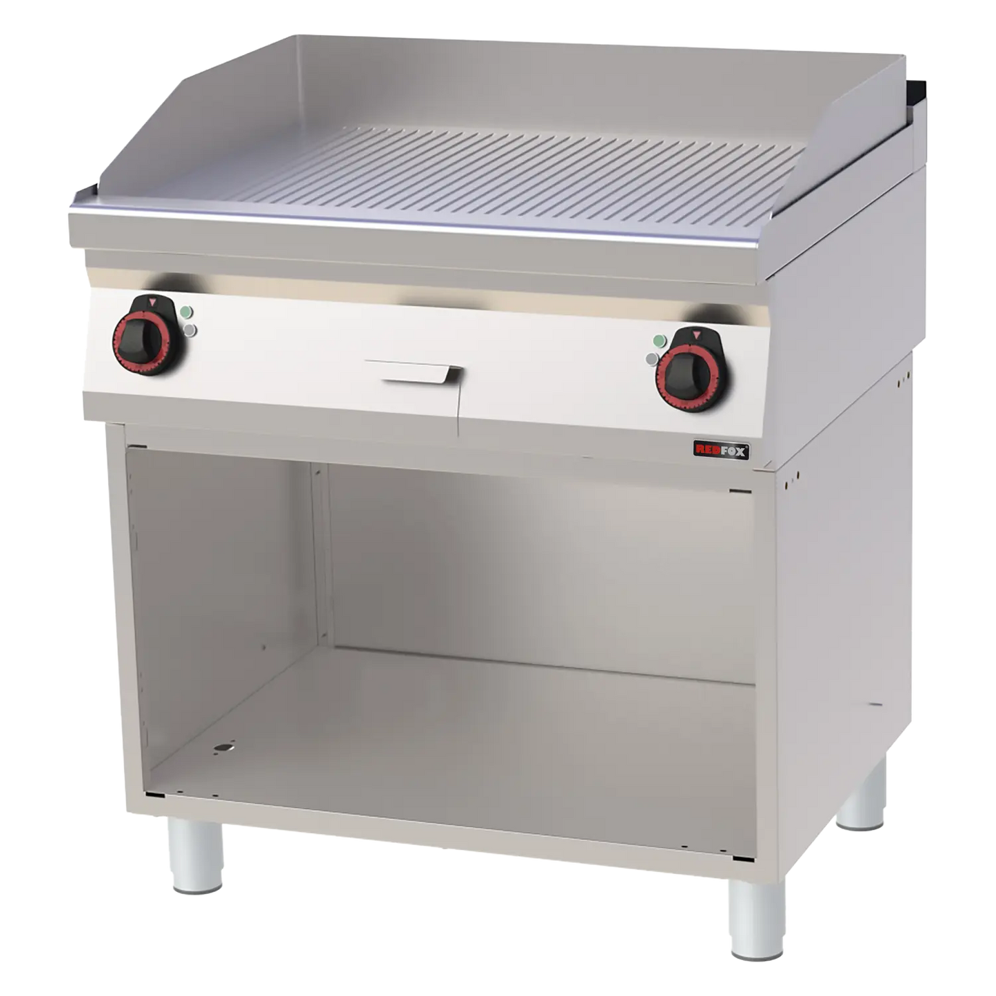 Fry-top griddle plate 80x51 electric chromed grooved on open cabinet 400 V | REDFOX - FTRC 70/80 E