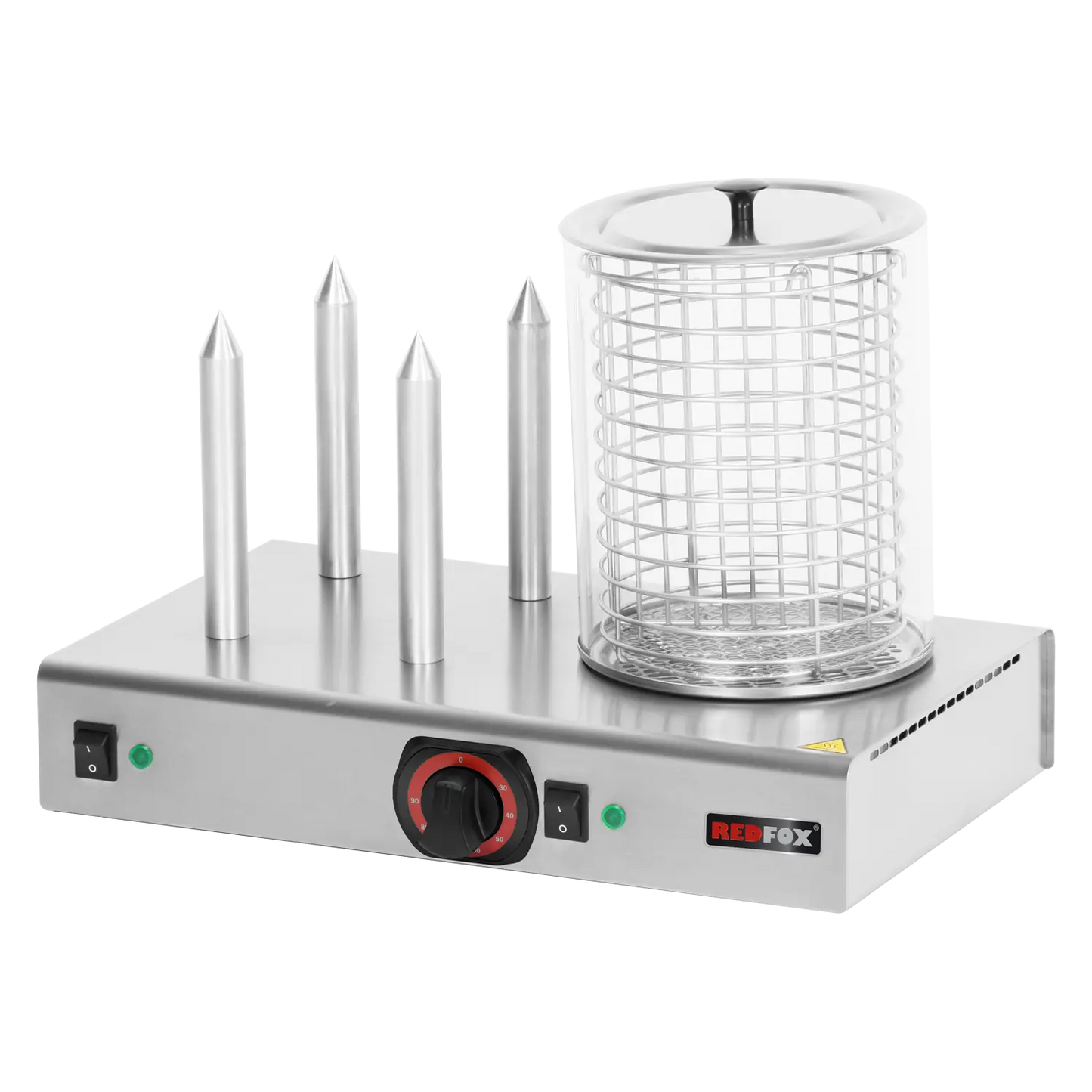 Hot dog machine warmer 4 spikey with basket and glass cylinder | REDFOX - HD 04 NK