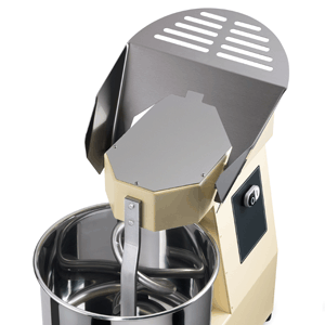 Sirman Hercules 15 spiral dough mixer, close-up of the stainless steel bowl and safety grille