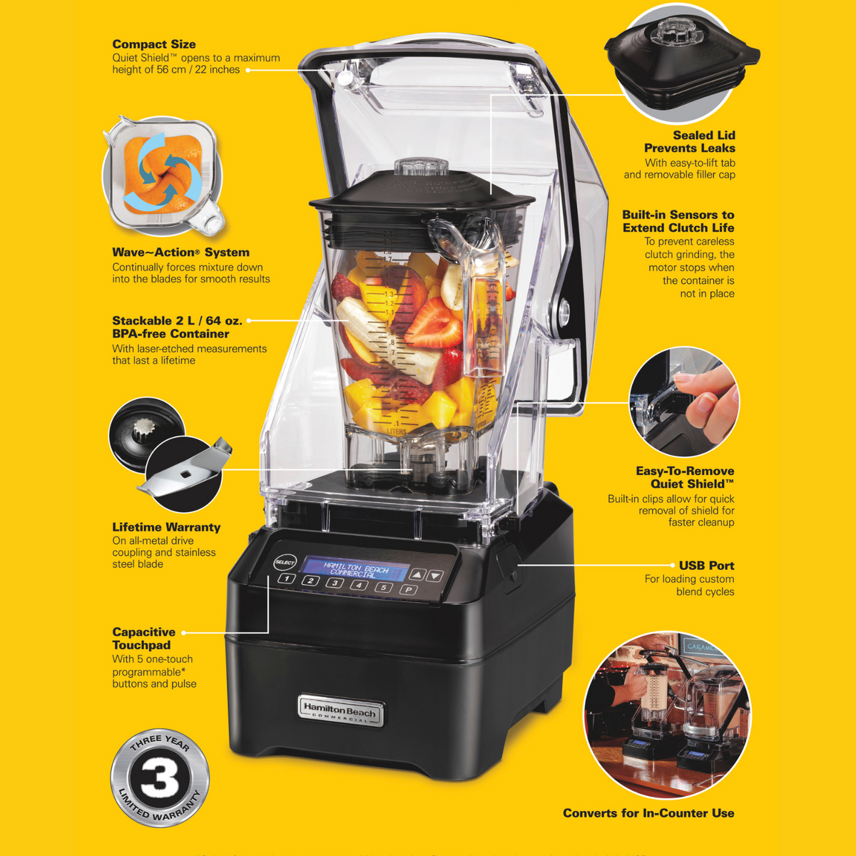 Hamilton Beach Commercial® Eclipse™ High-Performance Blender with 64oz/ 2L Wave~Action® container - HBH755R-CE Series