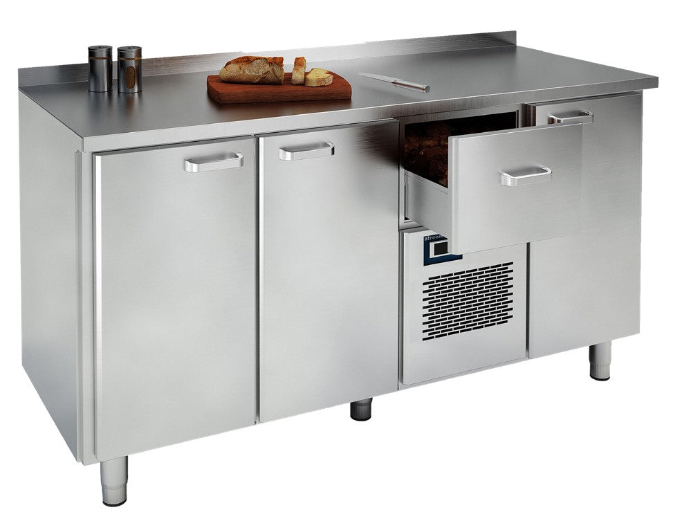 Vitrum cold table CT16.1.1.MD.1.B with two doors and a compressor drawer open