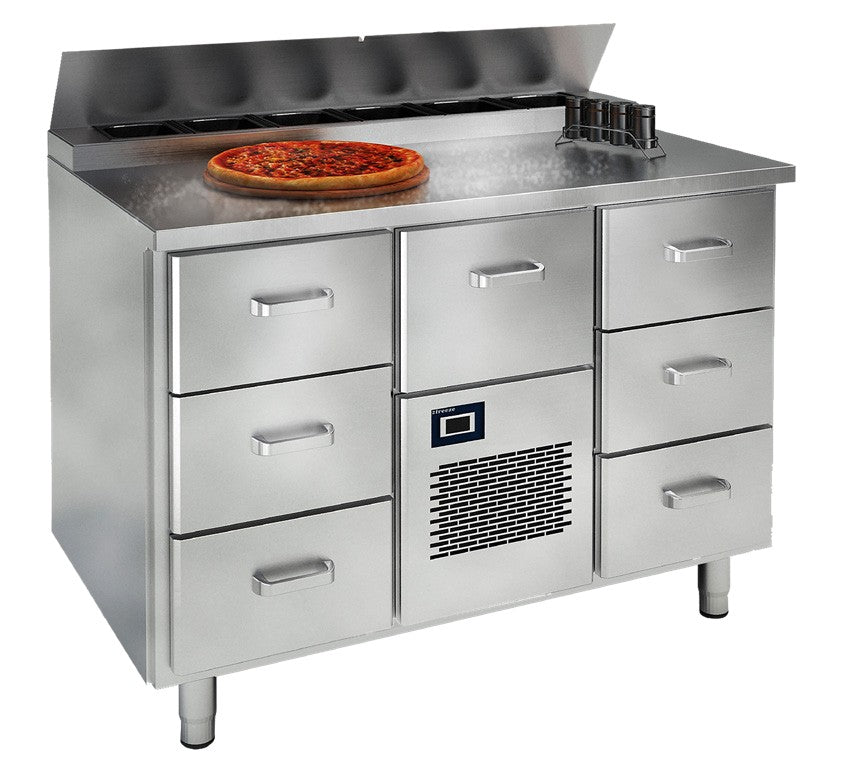 Vitrum saladette table CTP12.3.MD.3 with GN topping rail and seven drawers