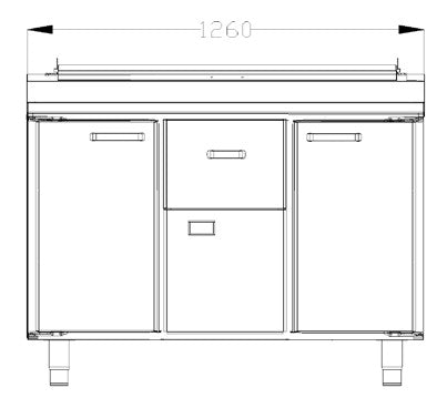 Vitrum saladette table CTP12.1.MD.1 front elevation drawing, 1260 mm wide