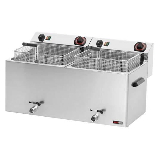 Electric fryer 2 baskets 0,74 kW/l, 11+11 l counter top drain tap 400 V | REDFOX - FE 1010 T