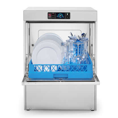 Saro UX-50SBDD dishwasher, open with loaded plate and glass rack