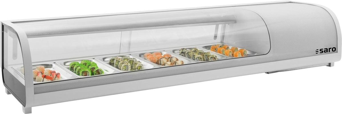 Saro Samira sushi showcase, silver and white