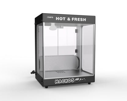 Saro BORA nacho warmer, angled view with the LED light fixture