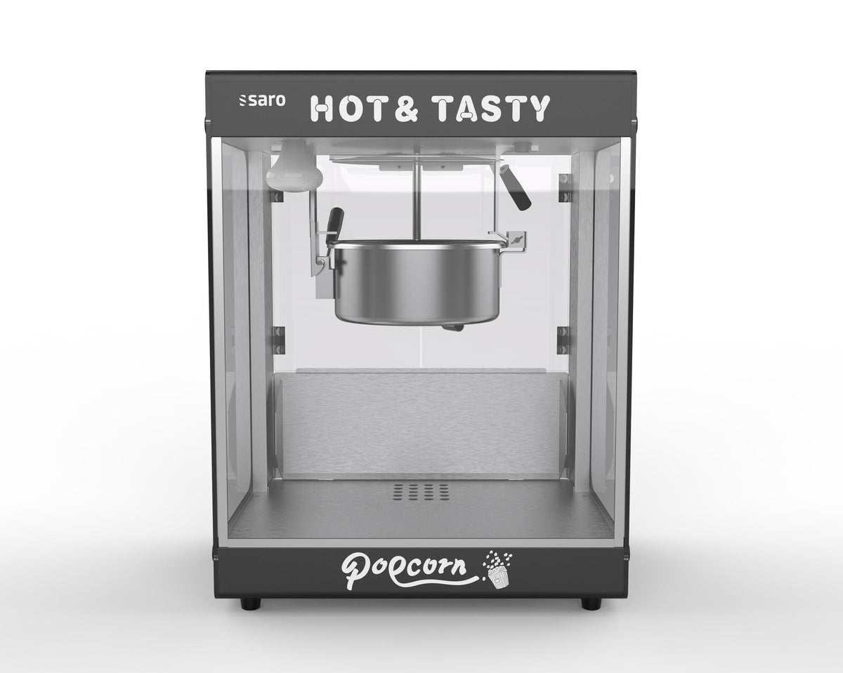 Saro JUGO popcorn machine, front view with the popping kettle
