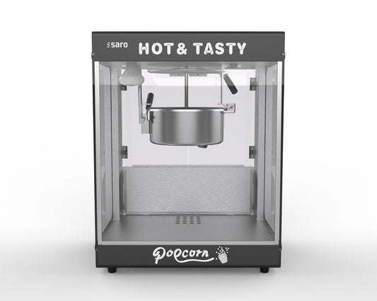 Saro JUGO popcorn machine, front view with the popping kettle