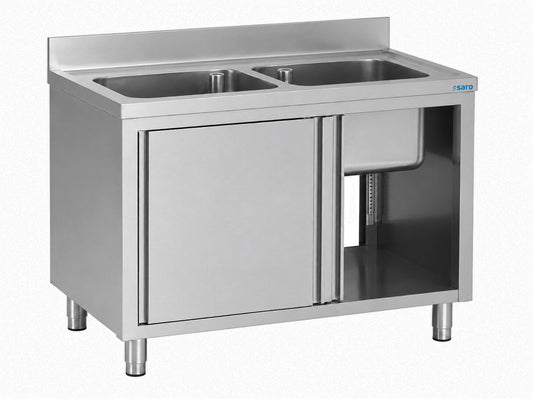 Saro sink cabinet 1200 mm, stainless steel, sliding doors, 2 basins