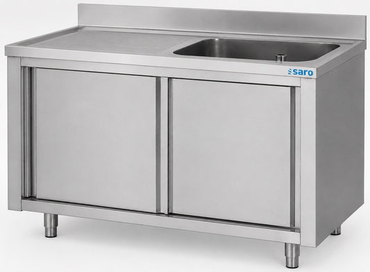 Saro sink cabinet 1400 mm, stainless steel, sliding doors, sink right