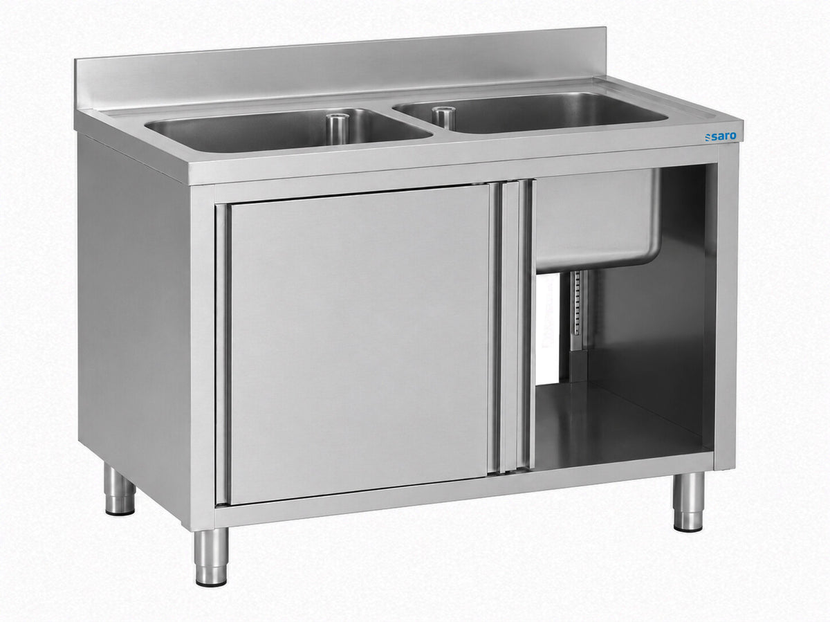 Saro sink cabinet 1400 mm, stainless steel, sliding doors, 2 basins