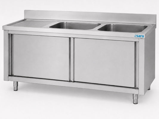 Saro sink cabinet 1800 mm, stainless steel, sliding doors, 2 basins right