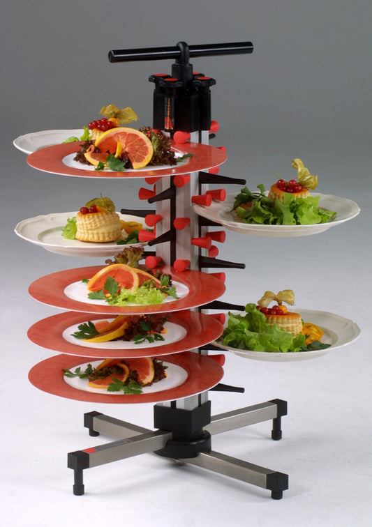 Saro TM-24 plate stacker, tabletop rack holding plated dishes