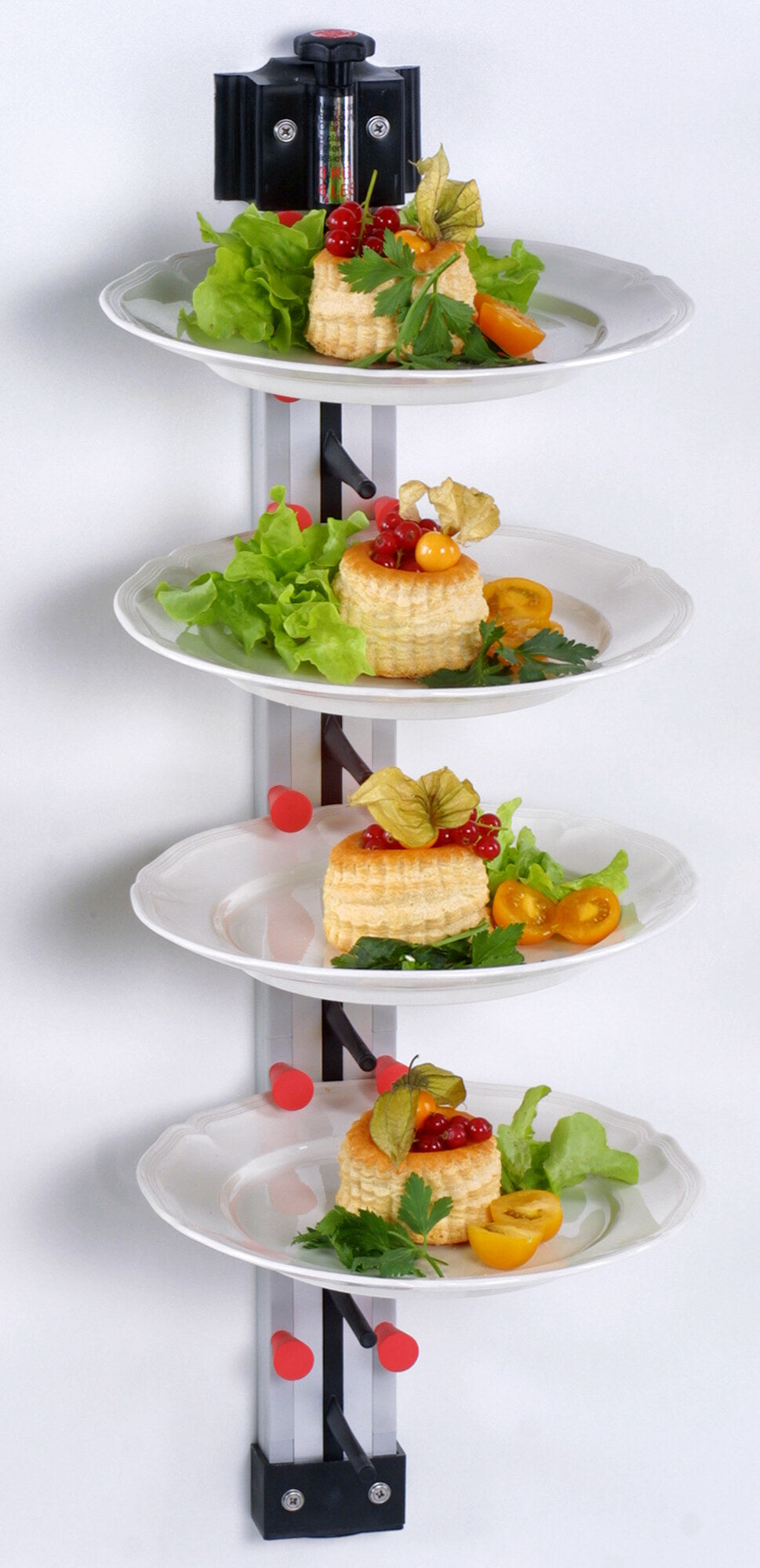 Saro WM-9 plate stacker, wall-mounted plate rack holding plated dishes