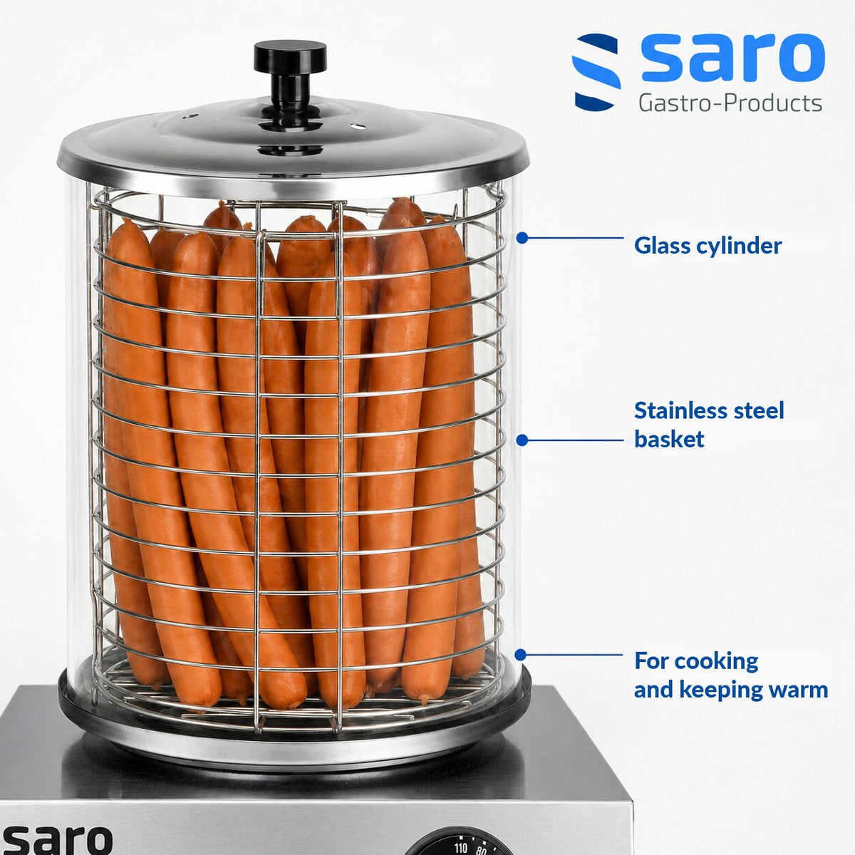 Saro CS-100 hot dog cooker, glass cylinder and basket