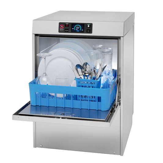 Saro UX-40SBDD glasswasher, open with loaded glass and plate basket