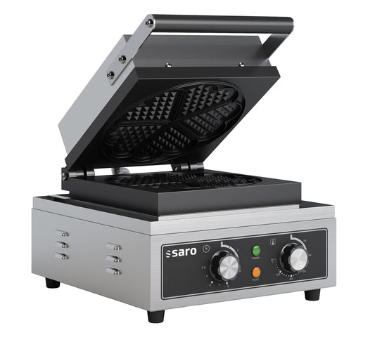 Saro ILONA heart waffle maker, open with heart-shaped plates