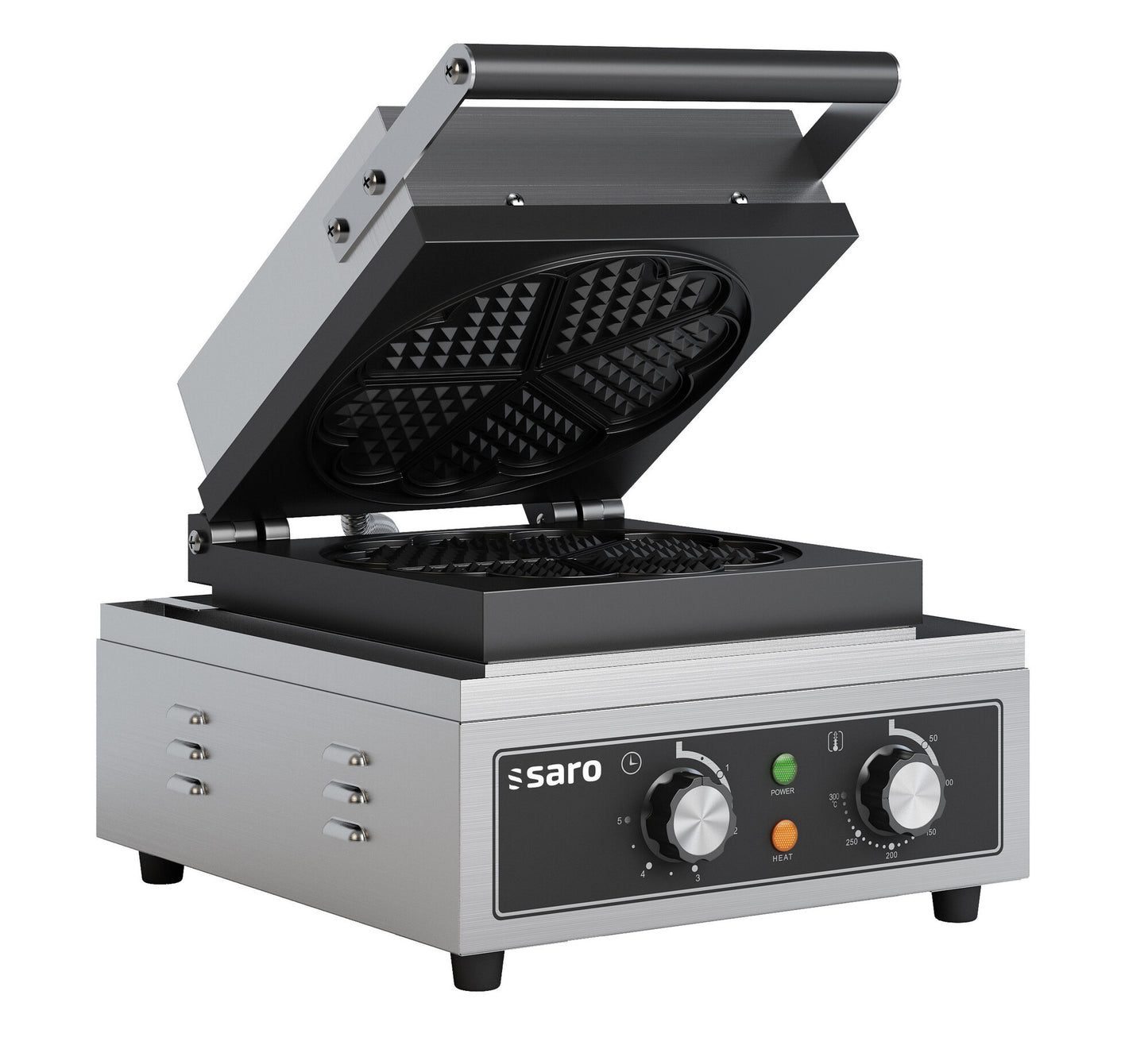 Saro ILONA heart waffle maker, open with heart-shaped plates
