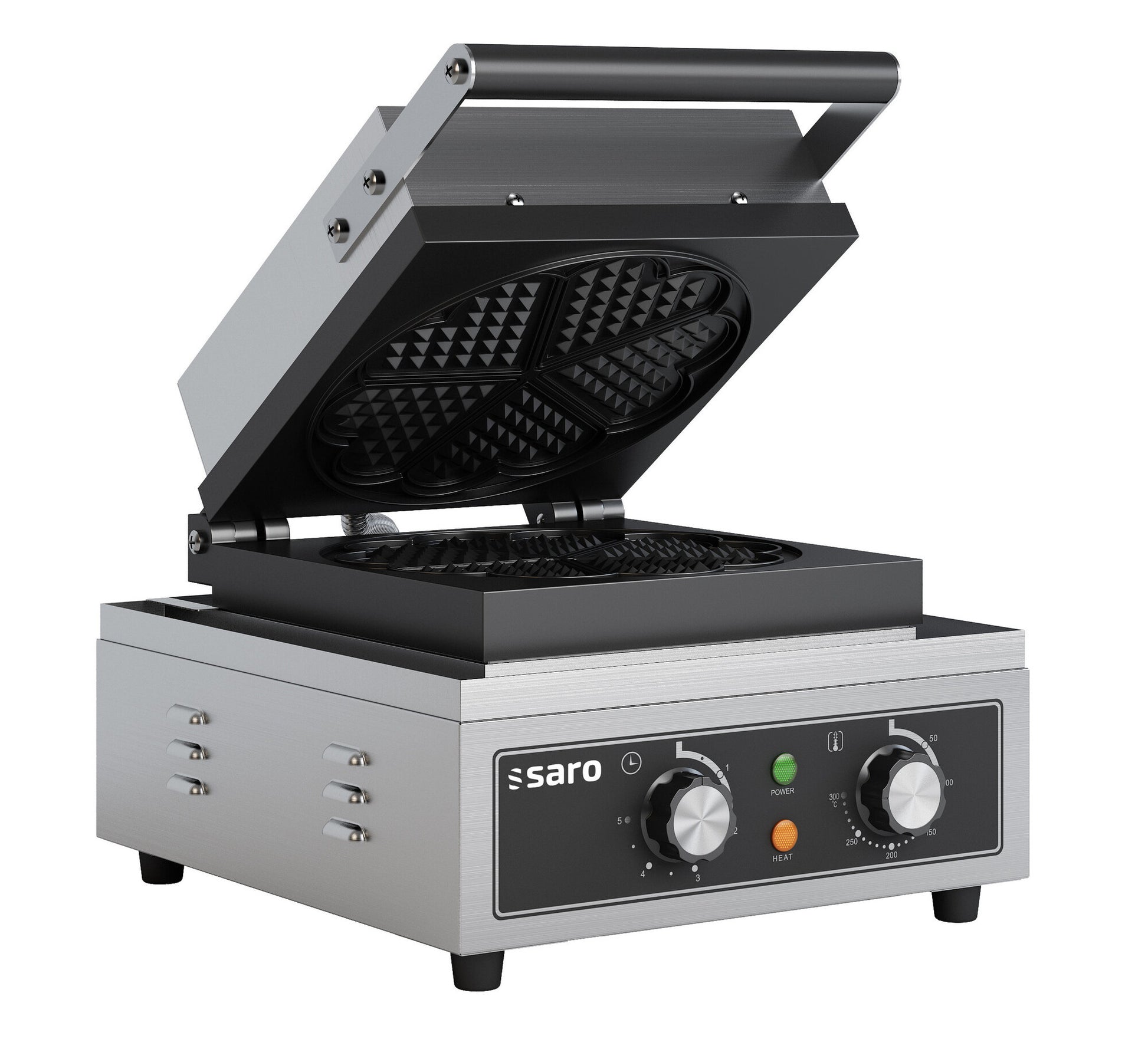 Saro ILONA heart waffle maker, open with heart-shaped plates