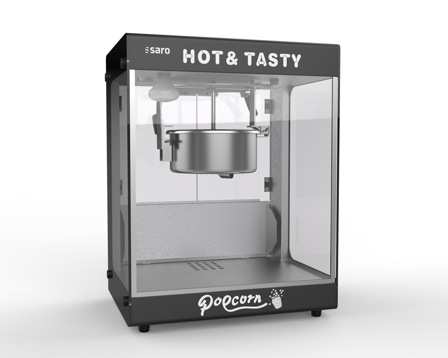 Saro JUGO popcorn machine, angled view of the kettle and handle