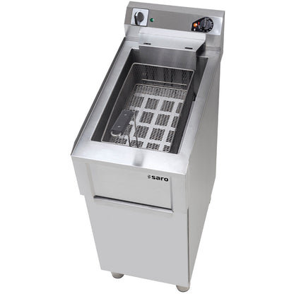 Saro FARO floor fryer, top view with basket in tank