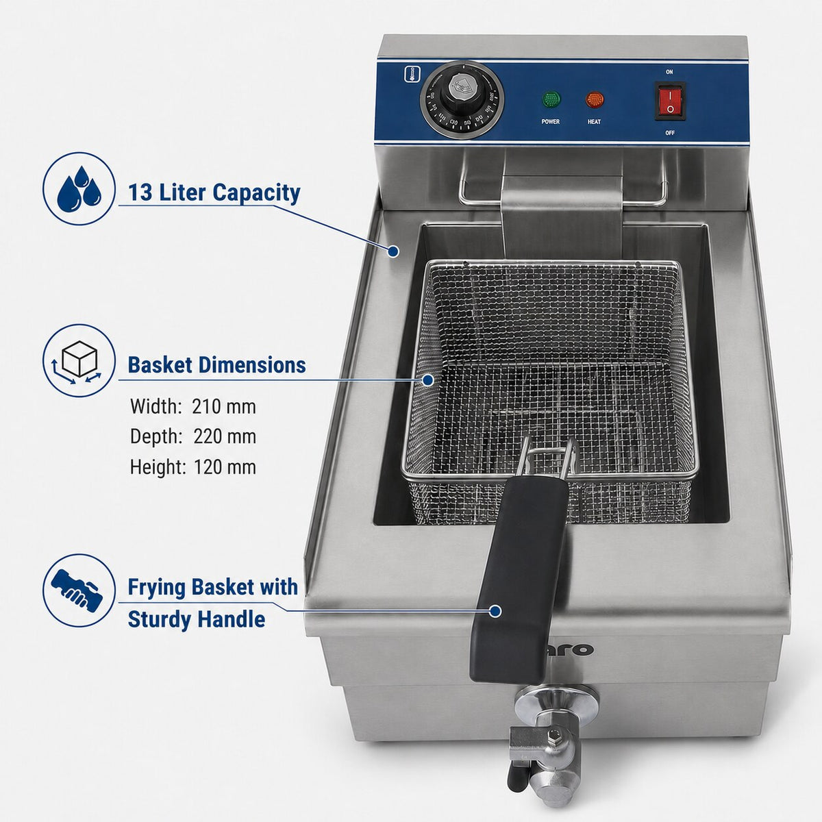 Saro FT 13 fryer, capacity and basket callouts