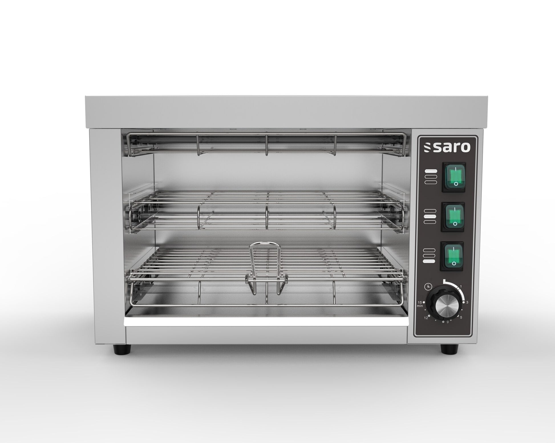 Saro ALIVA double bread toaster, front view with switches