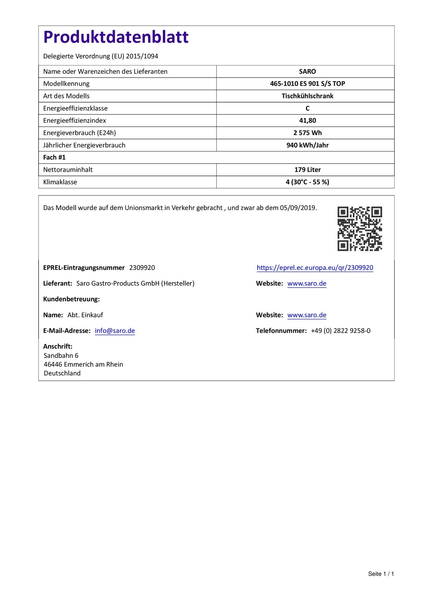 EU energy product datasheet, class C