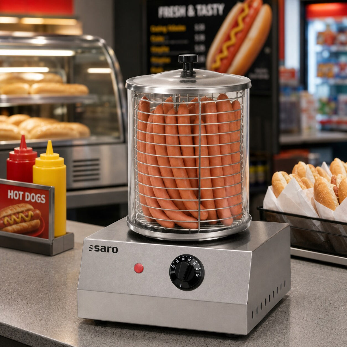 Saro CS-100 hot dog cooker, in a snack bar setting