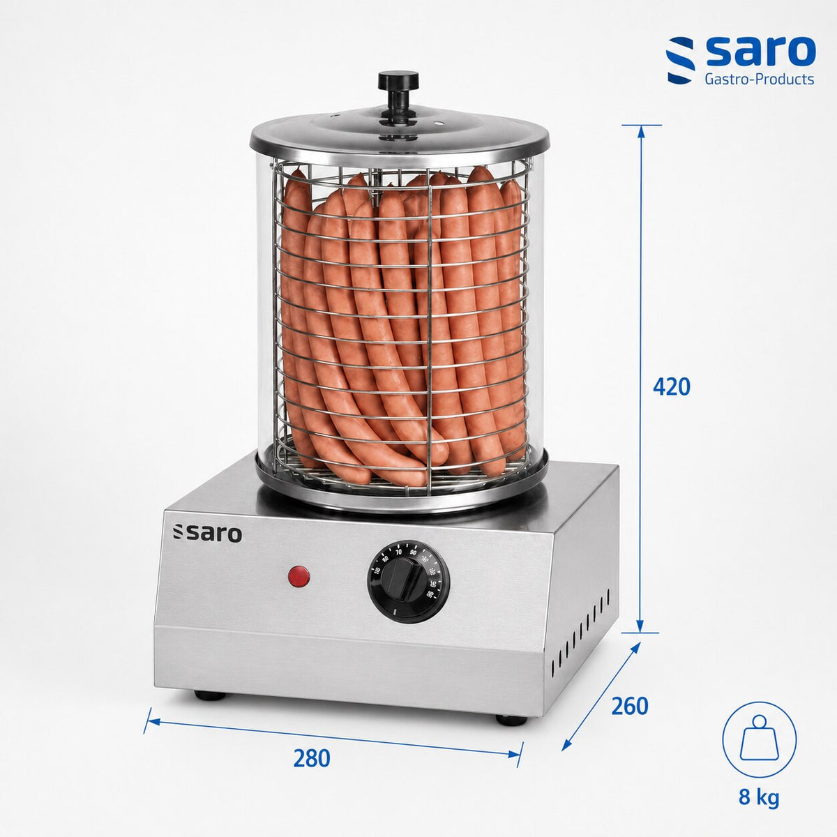 Saro CS-100 hot dog cooker, dimensions 280 x 260 x 420 mm