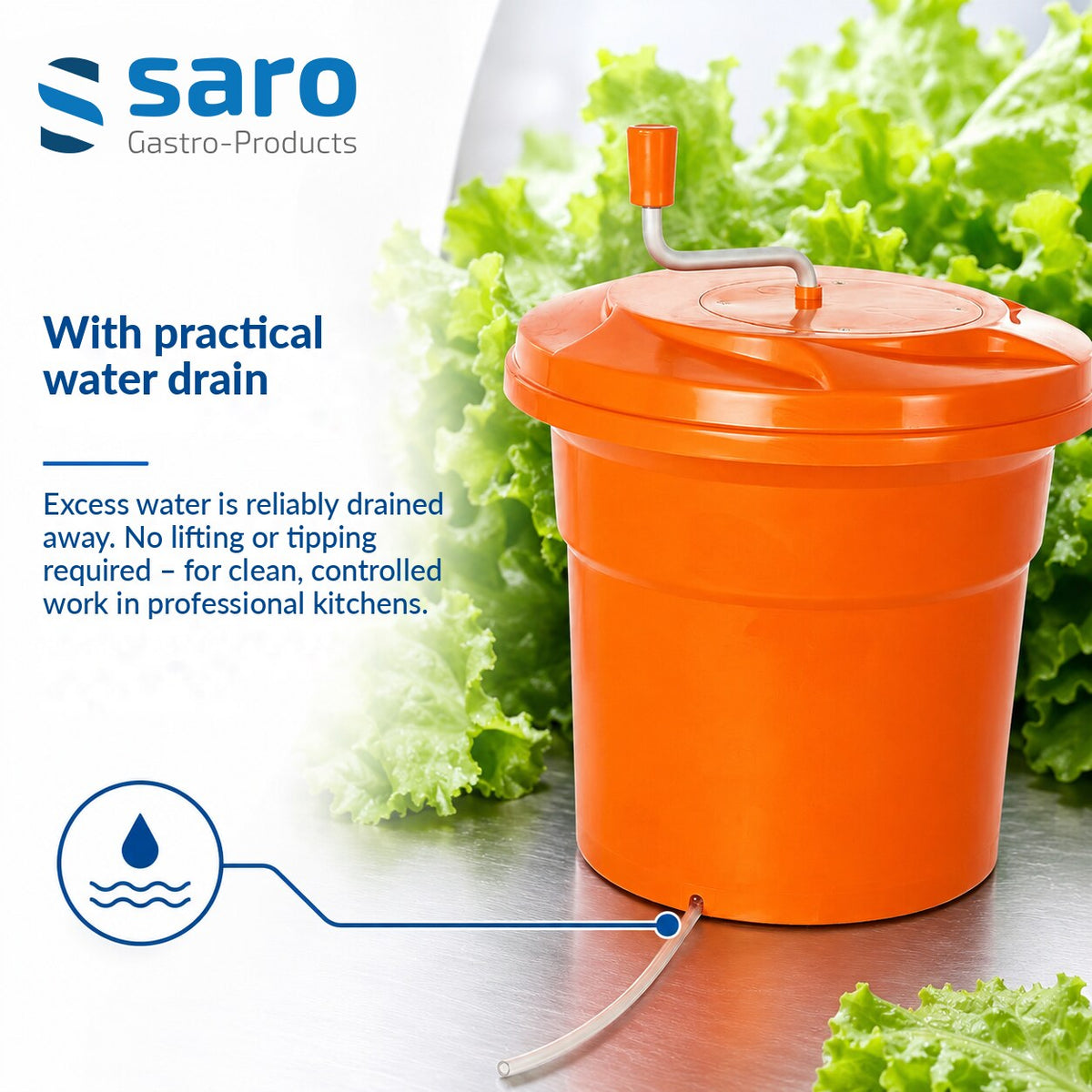 Saro Rena 121 salad spinner, water drain at the base