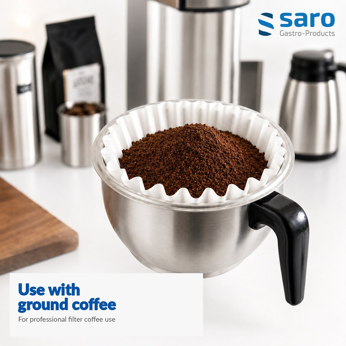 Saro basket filter paper, filled with ground coffee