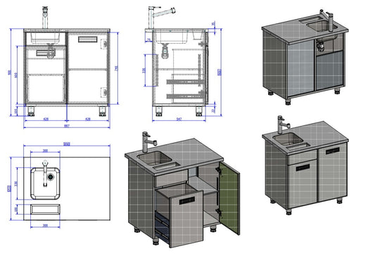 Bar Sink Module, Neutral Storage, 890×650×900 mm