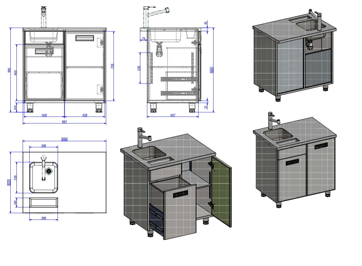 Bar Sink Module, Neutral Storage, 890×650×900 mm