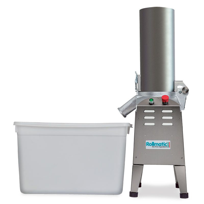 Rollmatic BM11 bread mill next to a flour collection bin