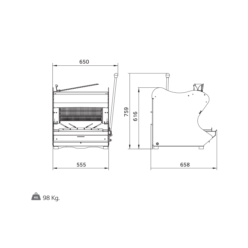 Rollmatic G42 manual bench bread slicer, technical dimension drawing