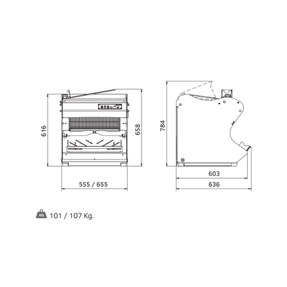 Rollmatic CP52 automatic bread slicer, front and side view technical drawing with dimensions