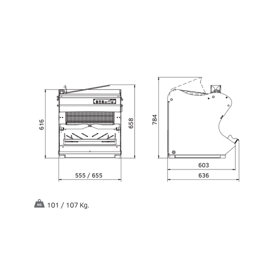 Rollmatic CP52 automatic bread slicer, front and side view technical drawing with dimensions