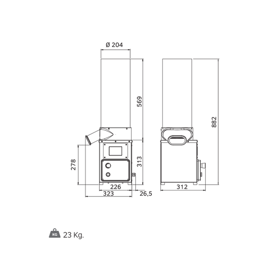 Rollmatic MAC100 compact bread mill, side view showing discharge spout
