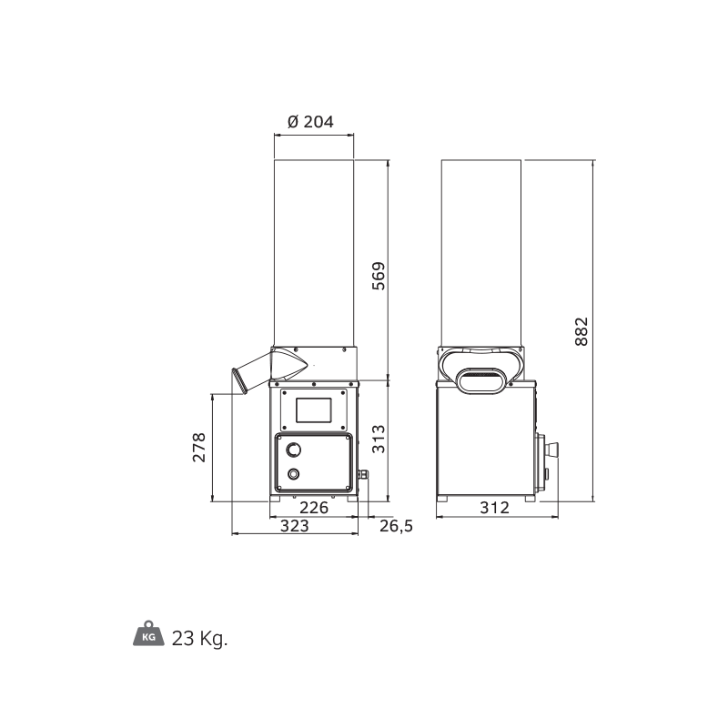 Rollmatic MAC100 compact bread mill, side view showing discharge spout