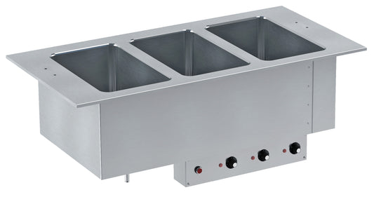 Drop-in warming tray with automatic drain (depth 210 mm)