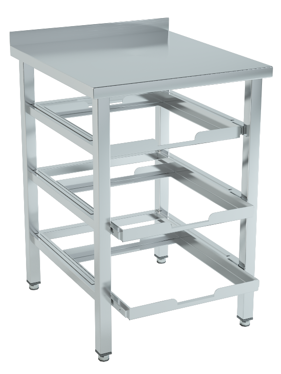 Table with telescopic guides for dishwashing baskets