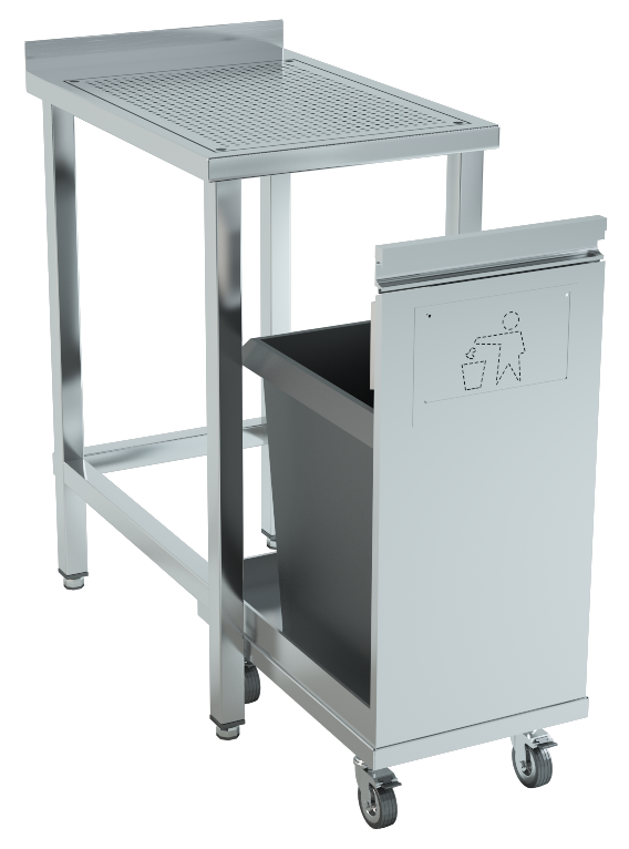 Trolley, bin and perforated working surface